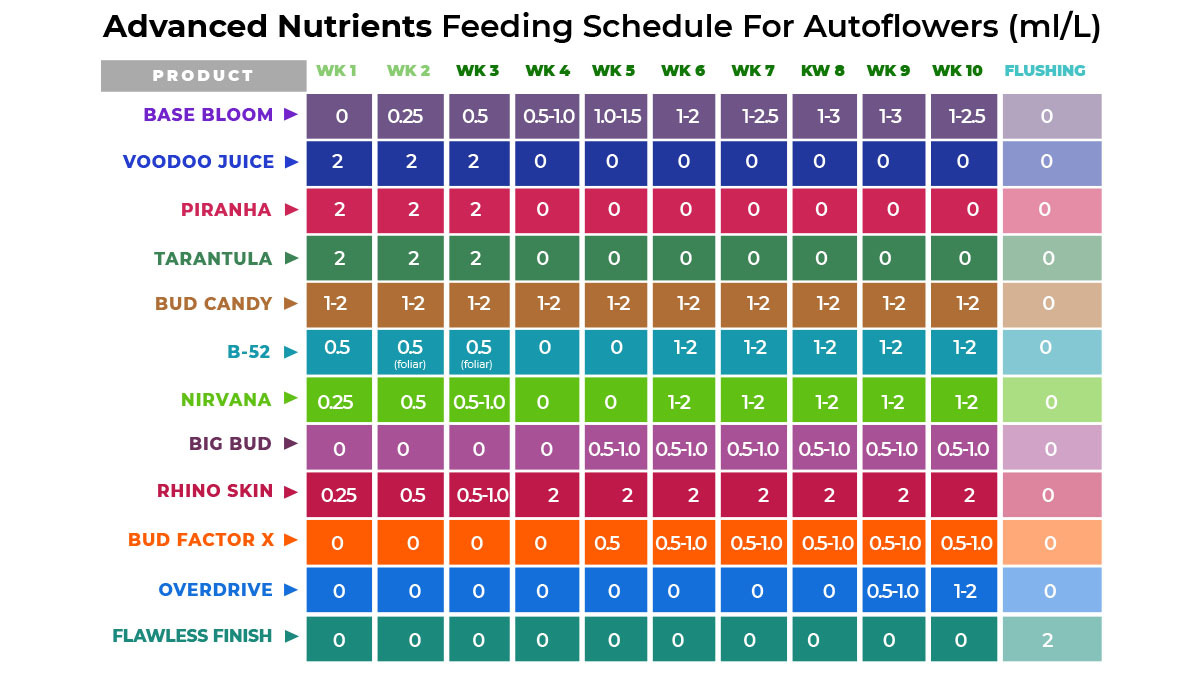 Advanced nutrients for autoflowers: feeding chart for autoflowers