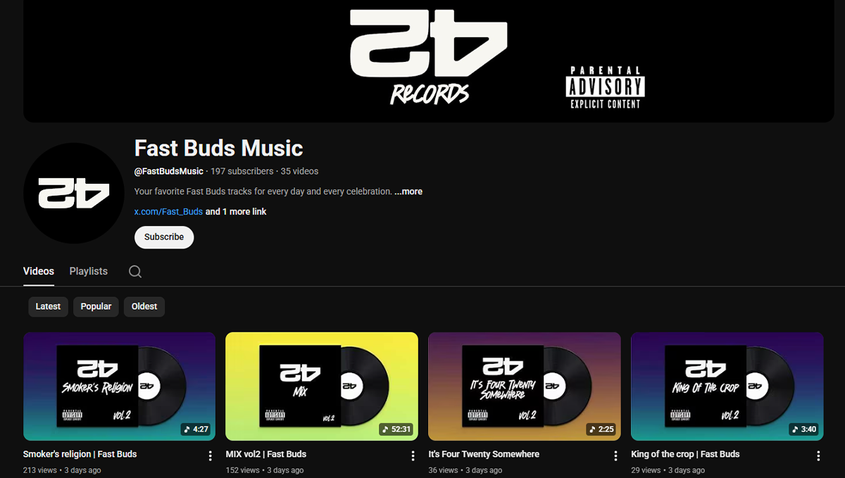 Музиката на Fast Buds е налична в YouTube за перфектна атмосфера по време на отглеждане на канабис.