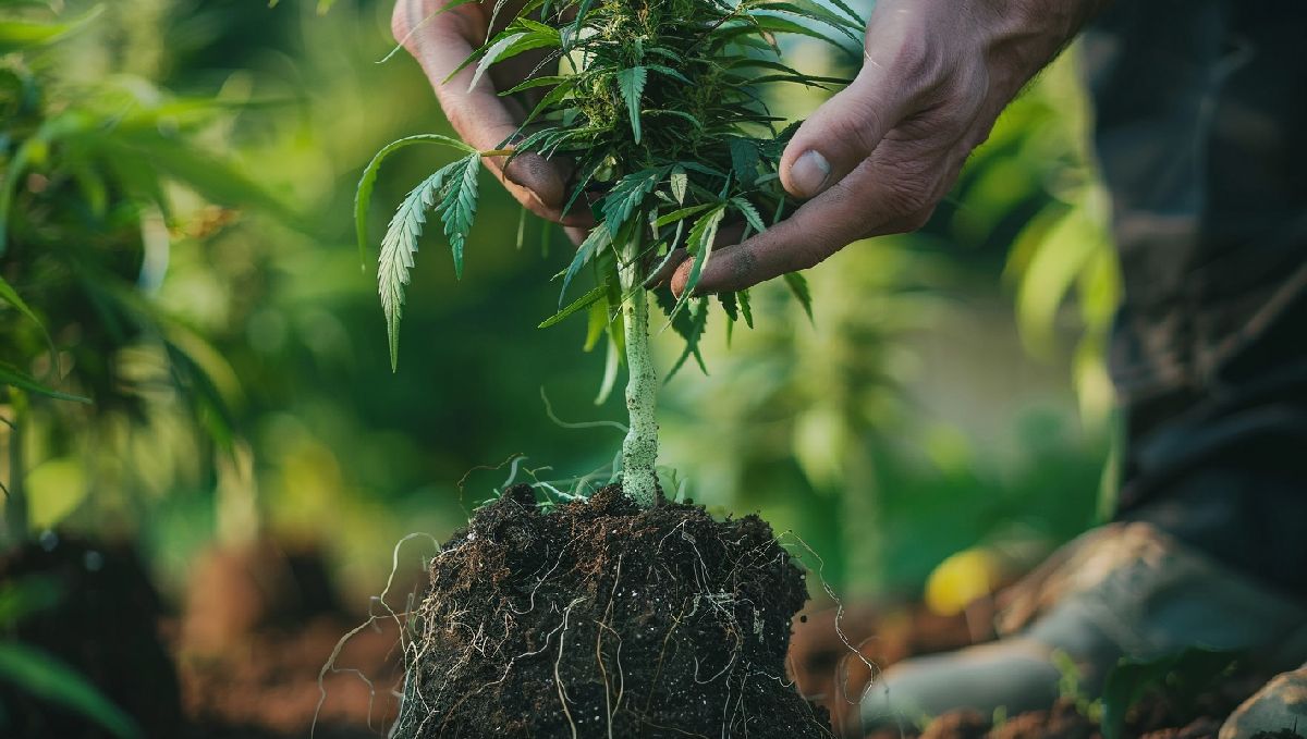 Transplanting Cannabis: The Ultimate Guide: A grower's hands as he's repotting a flowering cannabis plant Transplanting Cannabis: The Ultimate Guide: A grower's hands as he's repotting a flowering cannabis plant