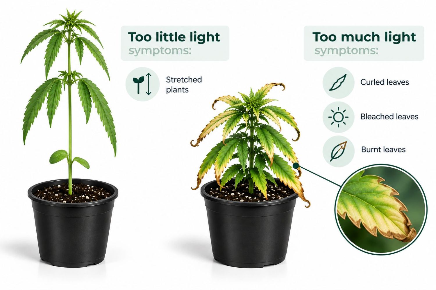 Common cannabis seedling problems: light Common cannabis seedling problems: light