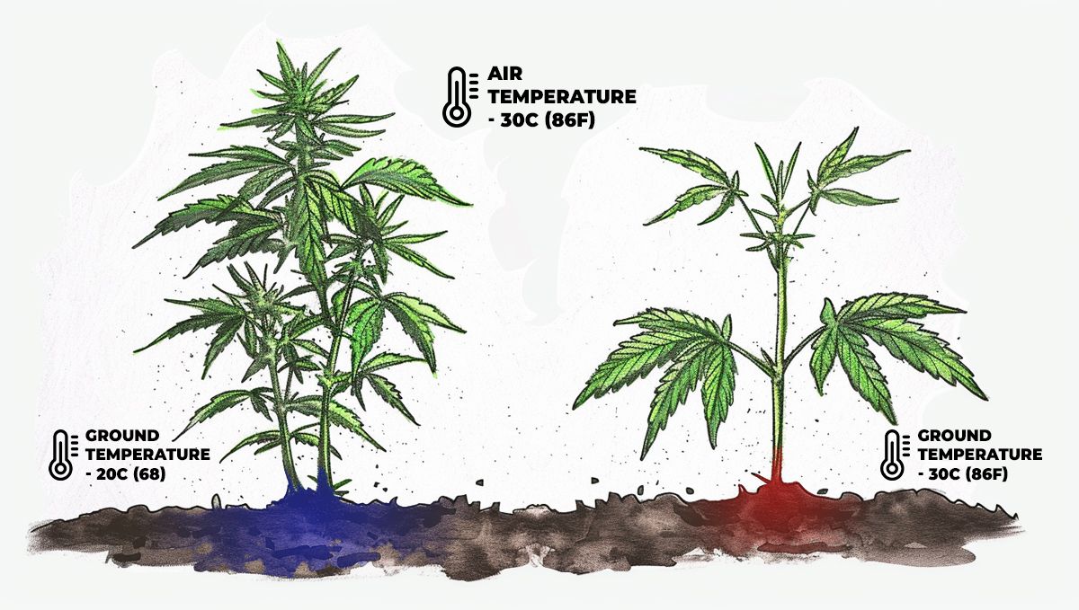 The Best Temperature To Grow Cannabis: A side-by-side drawing of two plants, one overheated from above and below and looking bad, the other one looking healthy because the ground is cooler The Best Temperature To Grow Cannabis: A side-by-side drawing of two plants, one overheated from above and below and looking bad, the other one looking healthy because the ground is cooler
