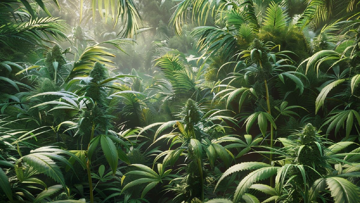 Weed in Hawaii: Cannabis Legal Status Guide: An AI-generated image of cannabis plants growing in tropical jungle Weed in Hawaii: Cannabis Legal Status Guide: An AI-generated image of cannabis plants growing in tropical jungle