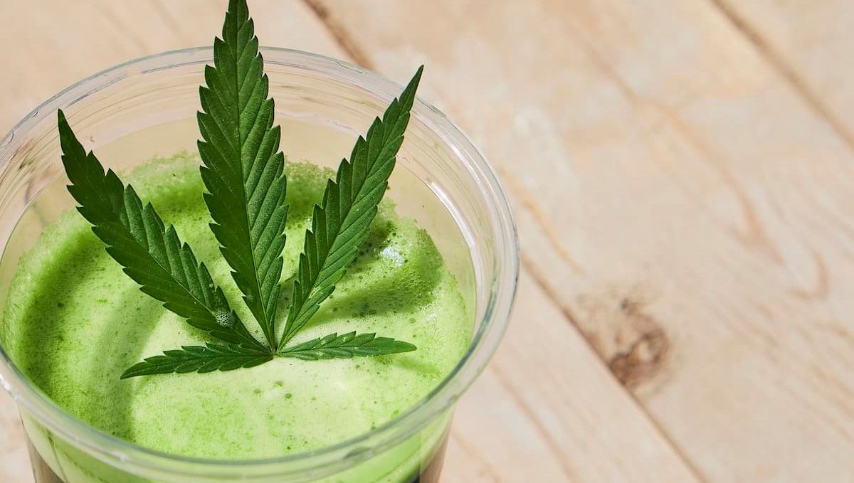 THC Syrup Explained: What Is THC Lean & How to Make It: A drink in a transparent glass with greenish foam and a fresh cannabis leaf on top