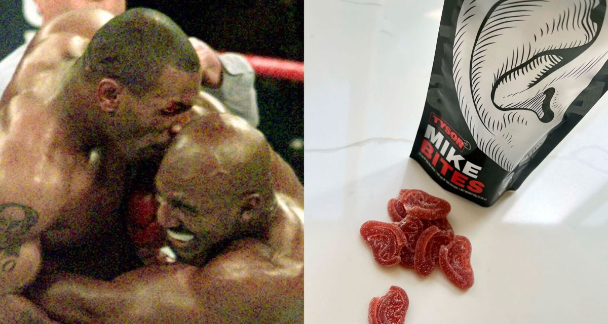 Mike Bites: Tyson’s Edibles With a ‘Cannabalistic’ Flavor: A still frame of the fight where Mike Tyson bit off his opponents ear and a shot of edibles that are in the shape of ears
