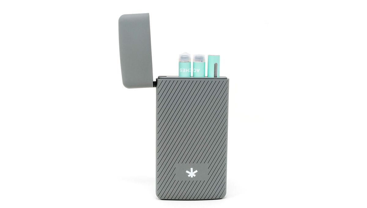 Tips For Choosing Best Weed Pens To Puff In: A product picture of a Wildflower CBD charging case with 3 vape pens under its opened cover