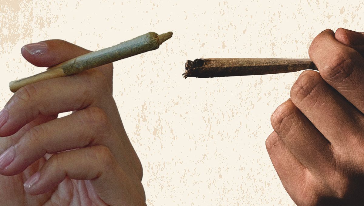 Two persons' hands as they hold a joint and a blunt, respectively
