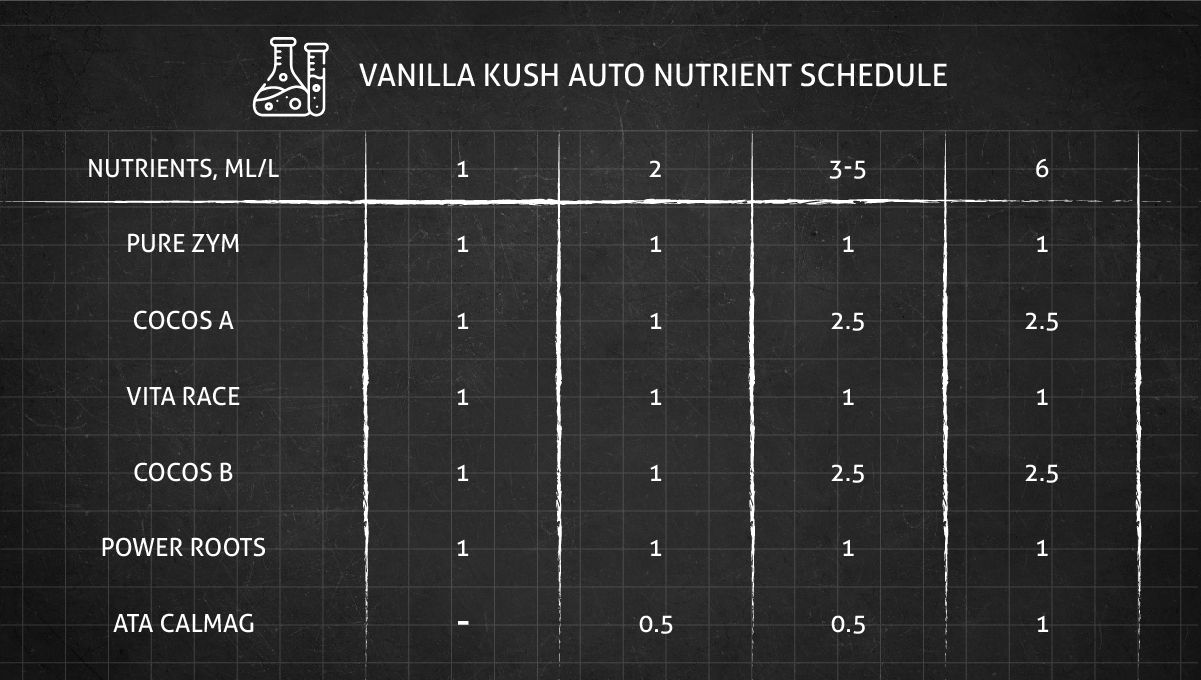Vanilla Kush cannabis strain: feeding chart for the vegetative stage Vanilla Kush cannabis strain: feeding chart for the vegetative stage
