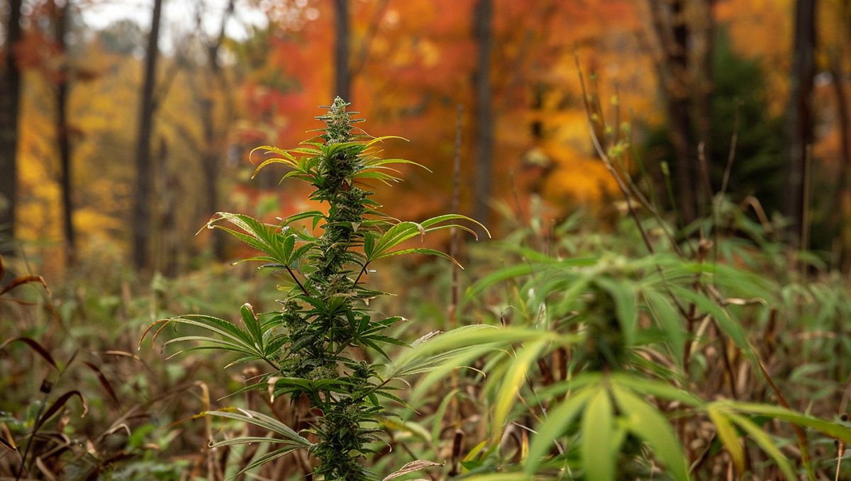 Weed in New Hampshire: Cannabis Legal Status Guide: A marijuana plant maturing in a autumn forest