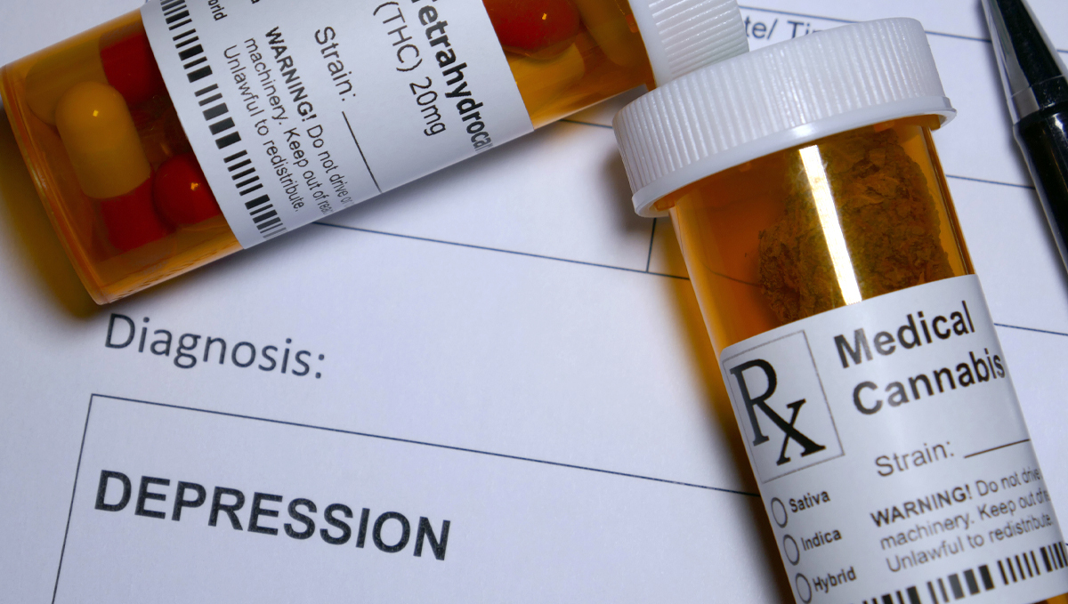 Medical Cannabis May Improve Symptoms of Depression and Anxiety: Dried flowers and THC pills in plastic bottles