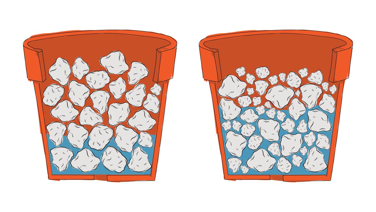 Drainage for Cannabis Plants: Why is it Important and How To Improve it - Drawing comparing water holding capabilities of a fine-grained medium and the same medium but with coarser grains mixed in Drainage for Cannabis Plants: Why is it Important and How To Improve it - Drawing comparing water holding capabilities of a fine-grained medium and the same medium but with coarser grains mixed in