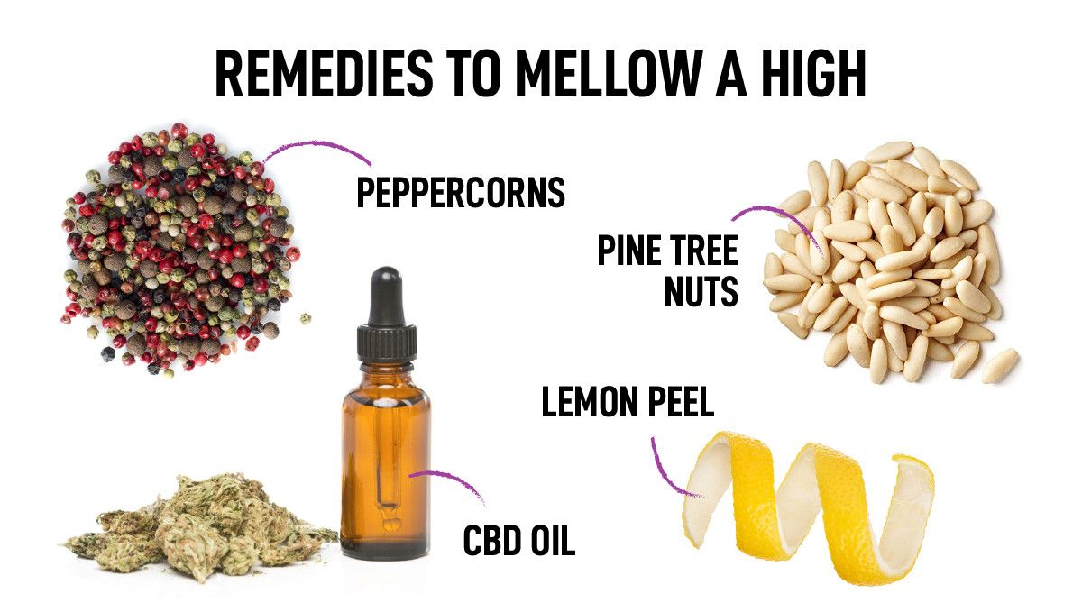How Long Does a Weed High Last & What are the Effects of Cannabis: A collage showing the remedies to mellow out the high – a CBD bottle, peppercorns, pine nuts, and lemon peel