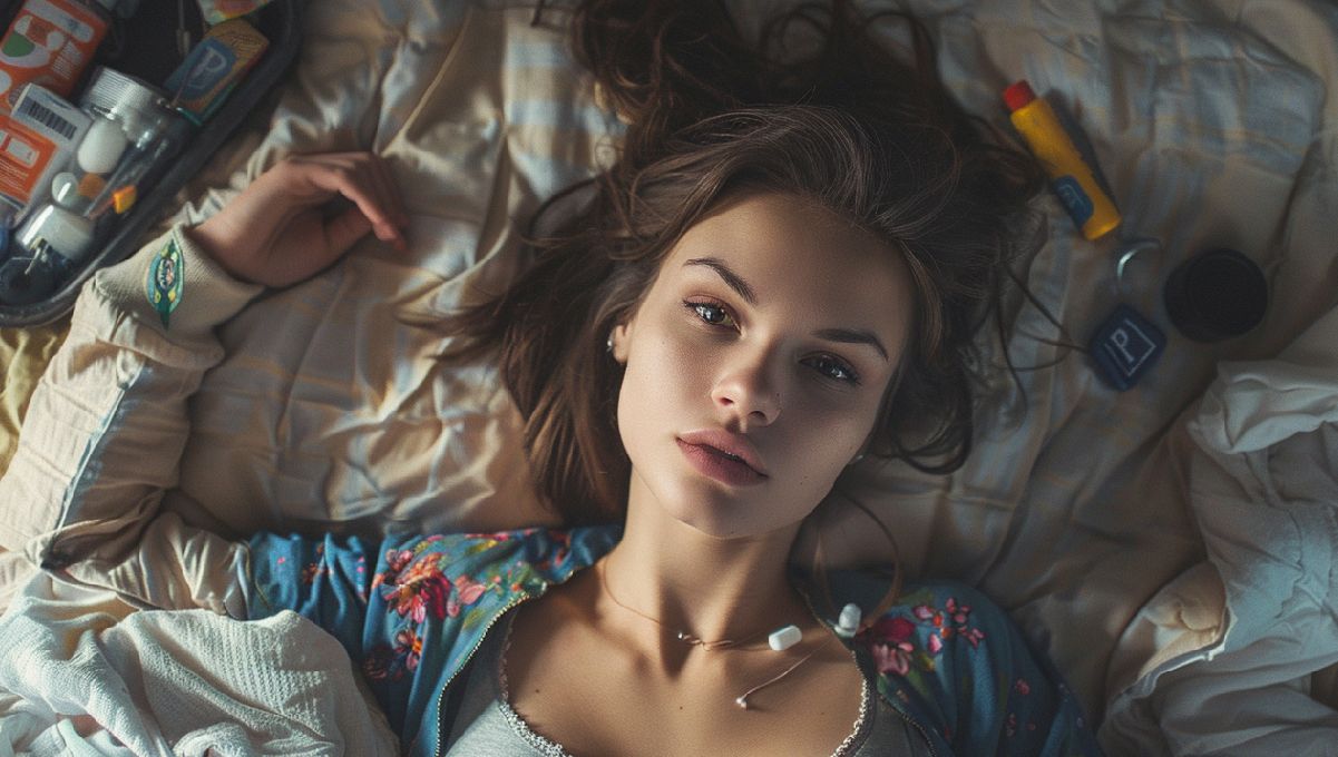 Women and Weed: A Comprehensive Guide to Cannabis and Women's Health: A young woman lying on a bed looking into the camera with some weed paraphernalia next to her