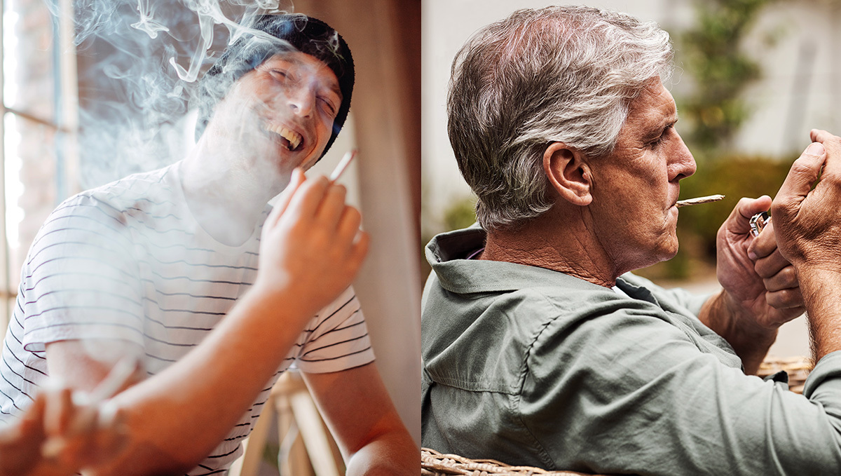 Types of Сannabis - The Different Kinds Of Weed: A young man smoking and laughing and an old man lighting up a joint and looking calm