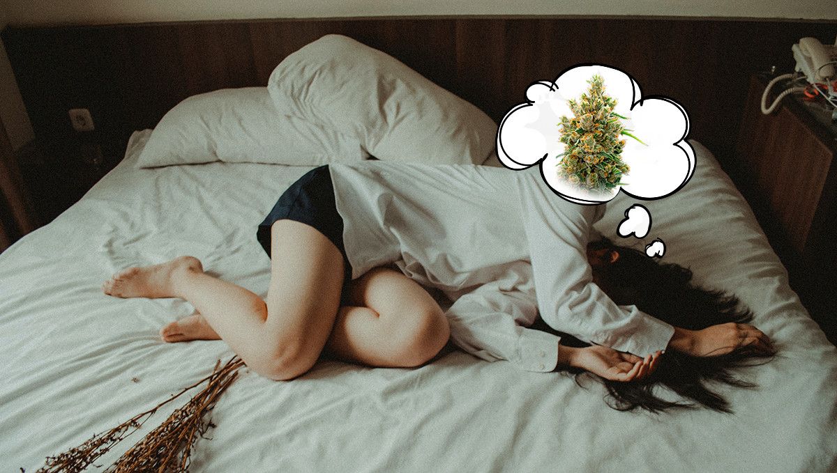 How Long Does a Weed High Last & What are the Effects of Cannabis: A young woman lying in bed, looking despondent, and with cannabis buds in a thought bubble
